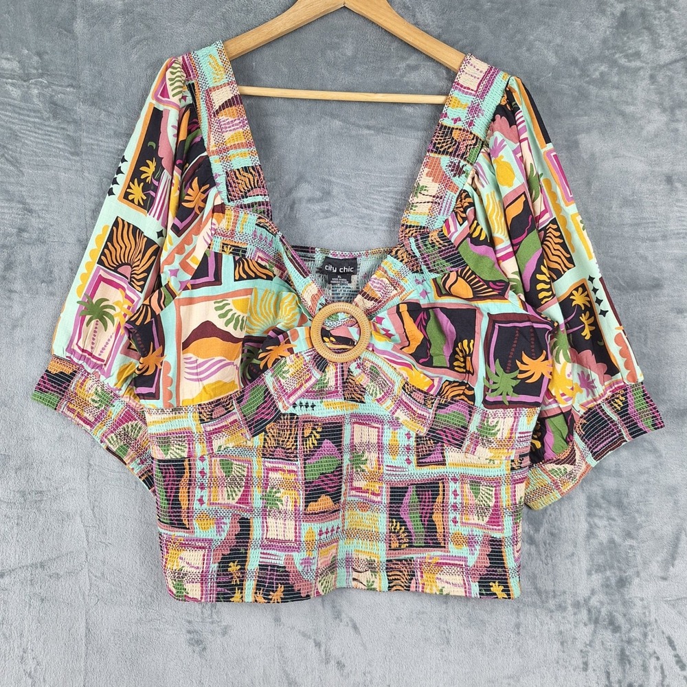 Womens Top XL Babydoll Floral Smocked Crop Sweetheart Patchwork Puff Sleeve Boho